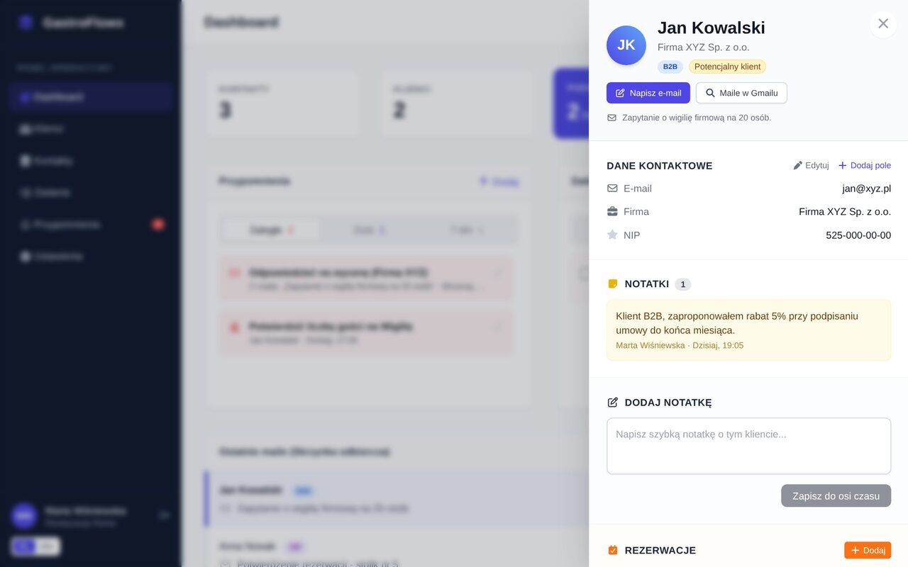 Panel GastroFlowx z kartą klienta otwartą obok skrzynki
